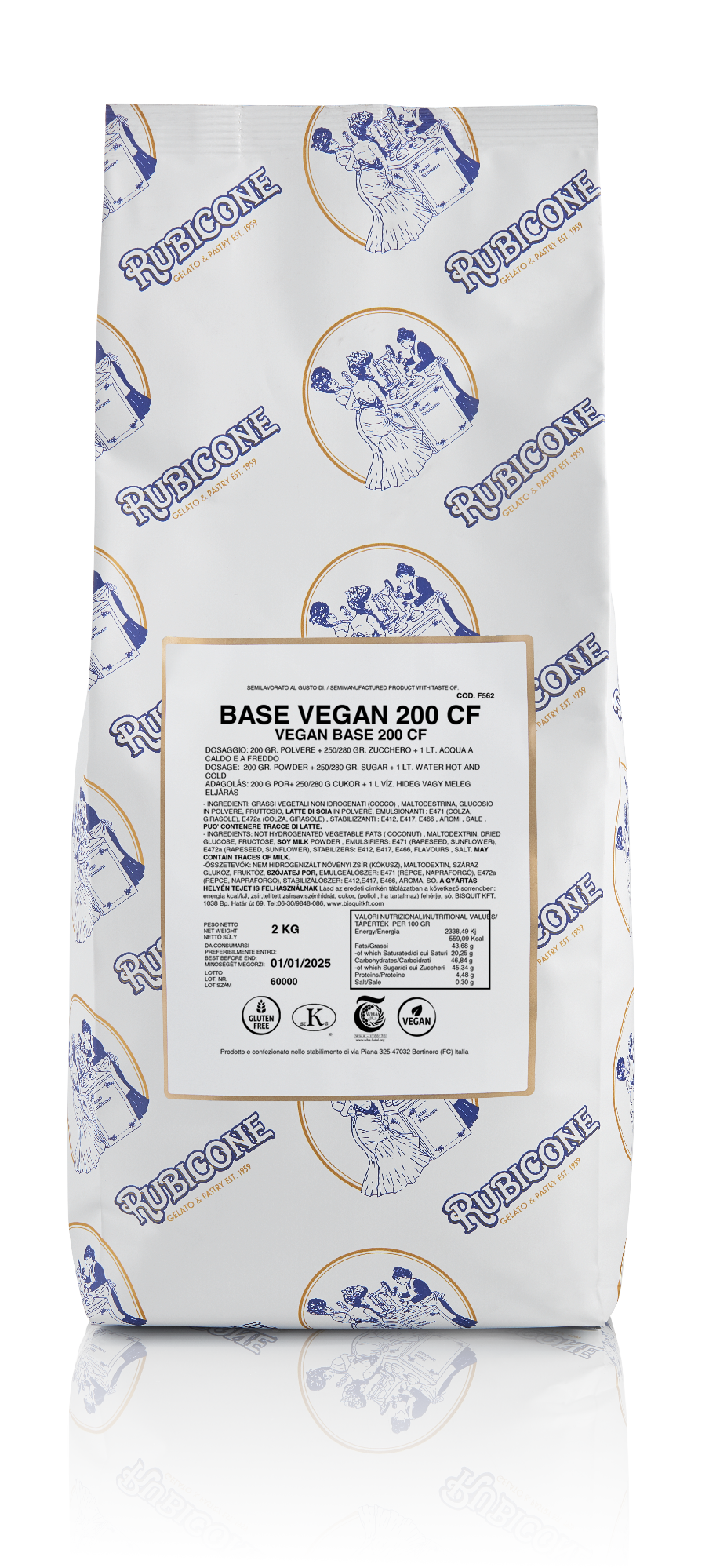 Vegan READYBASE 200 C/F - All in One Complete Gelato Base - Case of 8 x 2 KG bags - Suitable for both Hot and Cold Process - Rubicone Canada - Ships Free Within Canada on Orders Above CAD $199