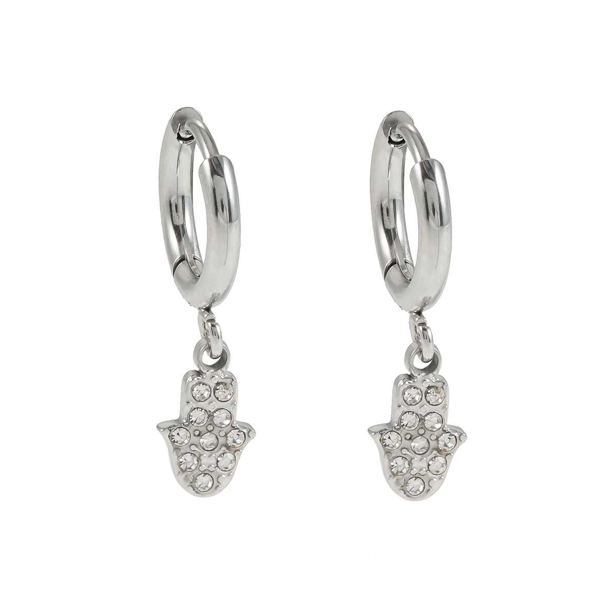Boucles d'oreilles mini créoles en or blanc (ton argent) FATIMA : Zircons (CZ) pavés avec breloque main de Fatma – Un mélange parfait de style et de protection