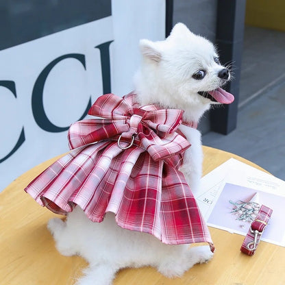 Ensemble Harnais et Laisse pour Chien Robe à Carreaux avec Nœud | Tenue de Promenade pour Chien