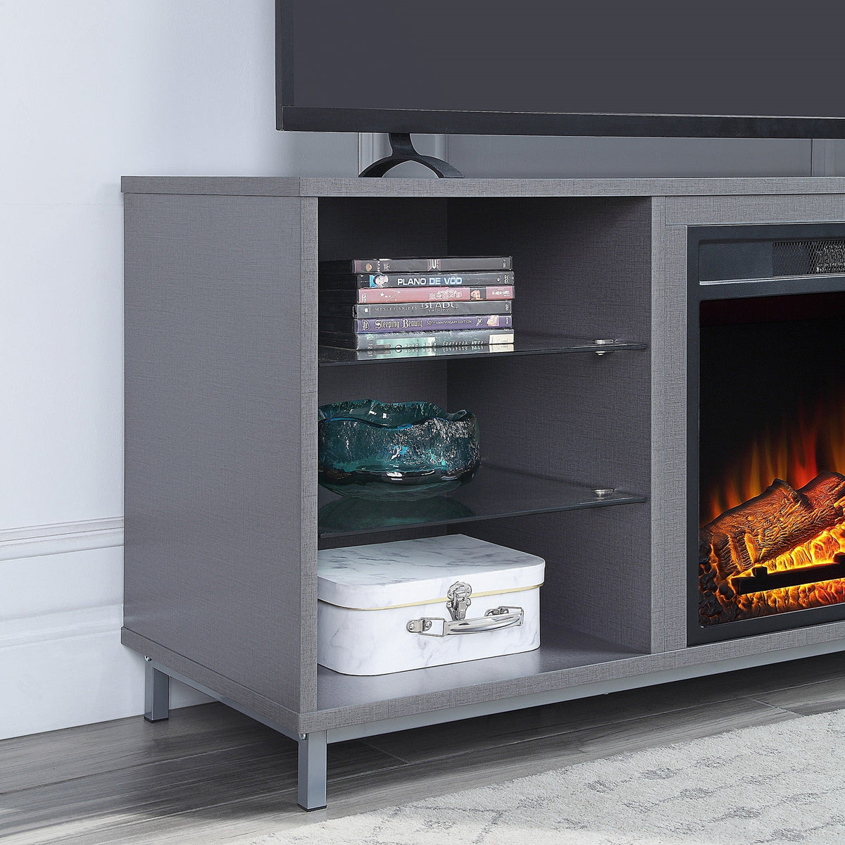 Firey 60" TV Stand/Fireplace with Glass Shelves - Grey Gloss
