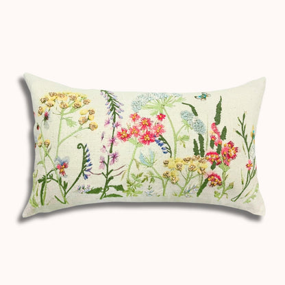 Oreiller Lombaire Brodé Fleurs Sauvages 30x50cm – Devant Coton, Dos Soie Papier