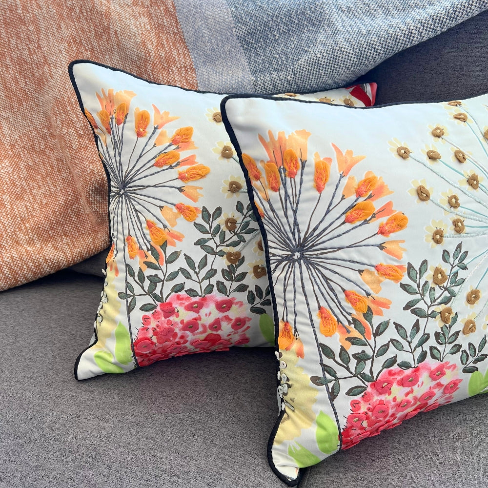 Housse de coussin brodée de pissenlits 40x40cm – Accent multicolore éclatant avec dos en soie de papier