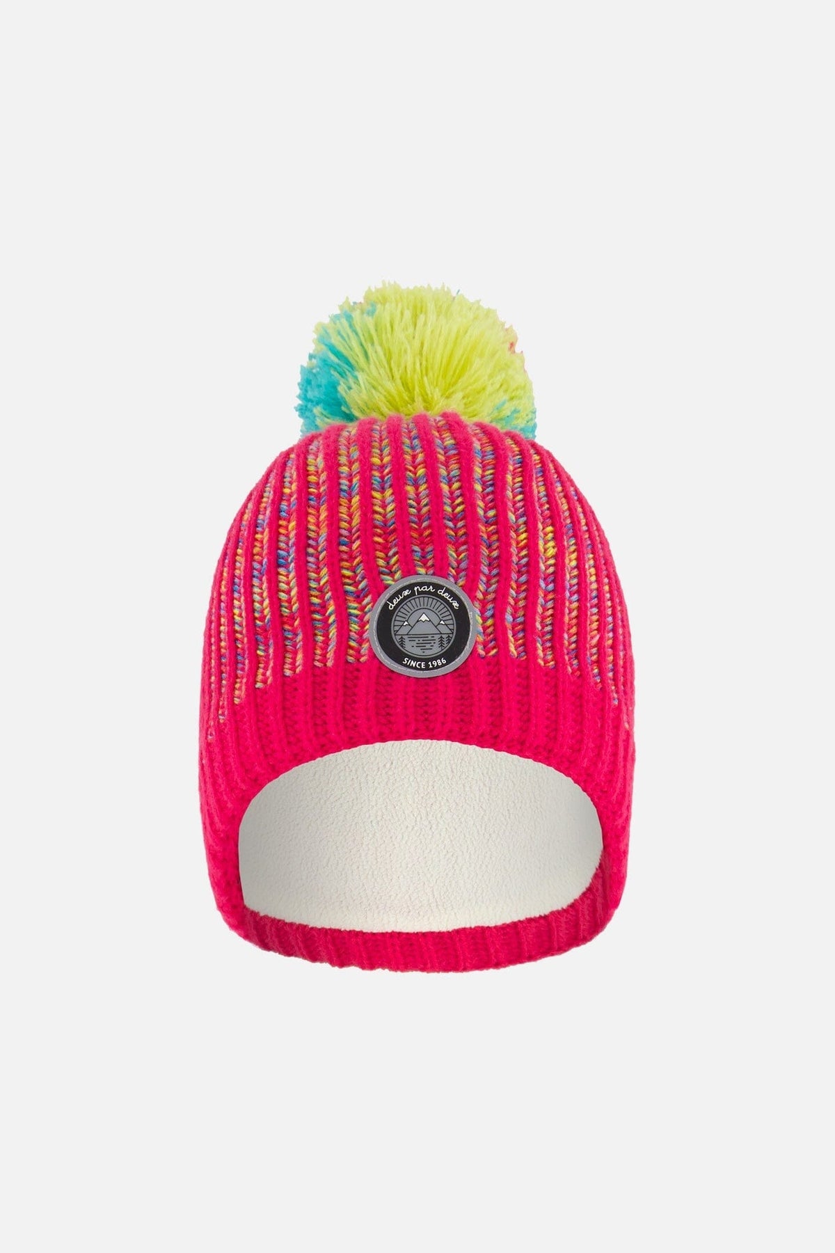 Bonnet en tricot rose et multicolore