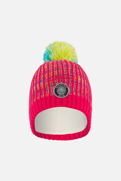 Bonnet en tricot rose et multicolore