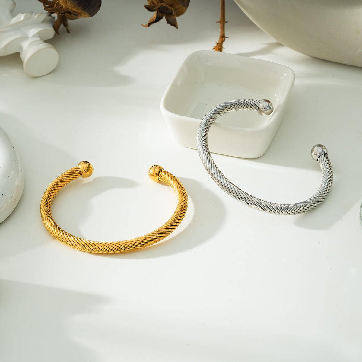 GOCHAR: Contemporary Elegance - White Gold ( Silver Toned) Bracelet with Surface Lines & Ball Bead Accents