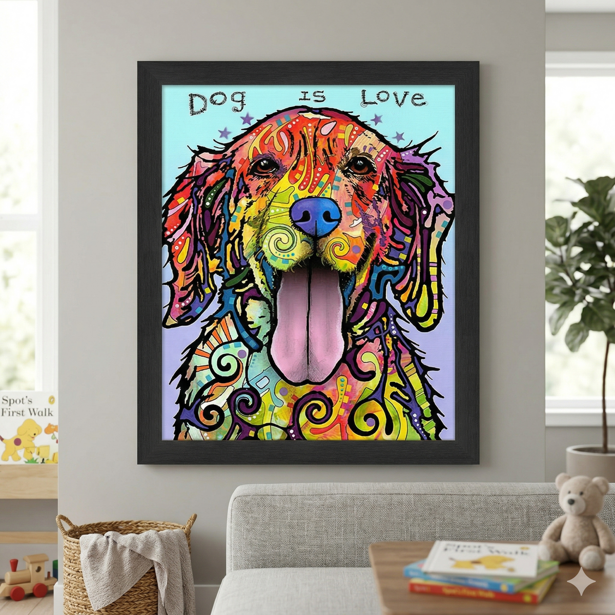 Dog Is Love Colorful Framed Canvas Wall Art (33.5x23.5)
