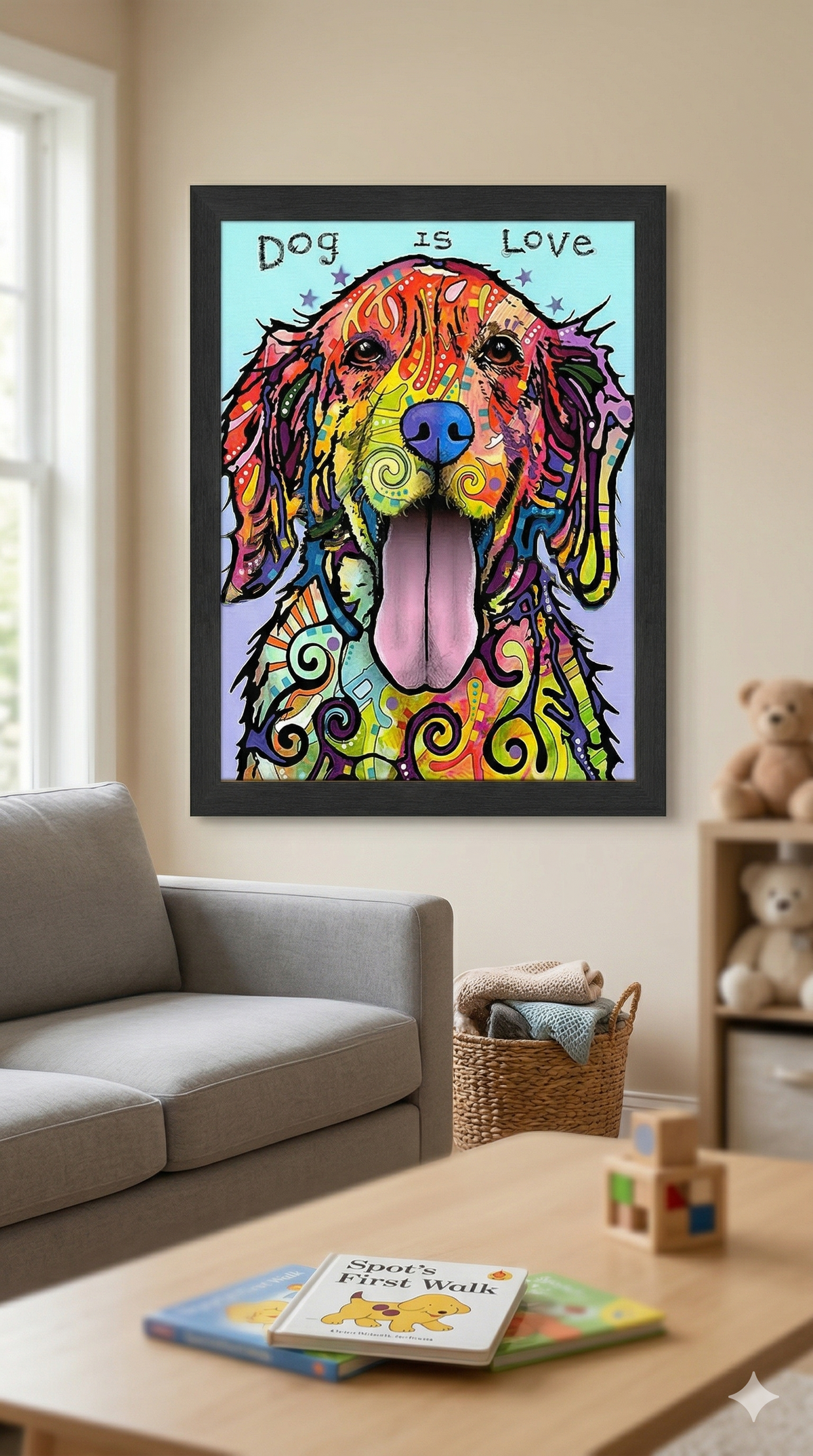 Dog Is Love Colorful Framed Canvas Wall Art (33.5x23.5)