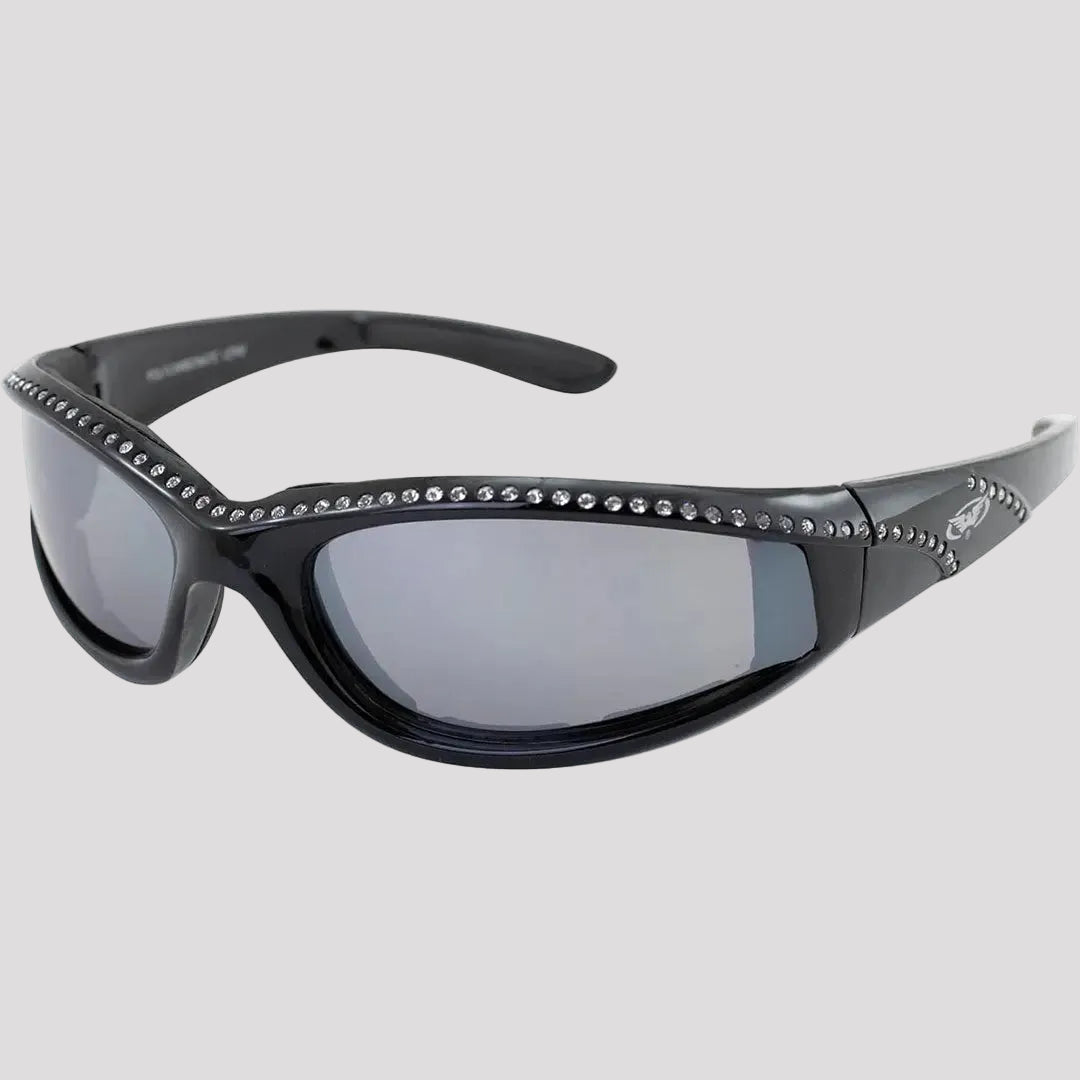 Lunettes de soleil de moto Global Vision Marilyn pour femmes avec strass. Lunettes de conduite Bling rembourrées en mousse avec verres miroirs incassables