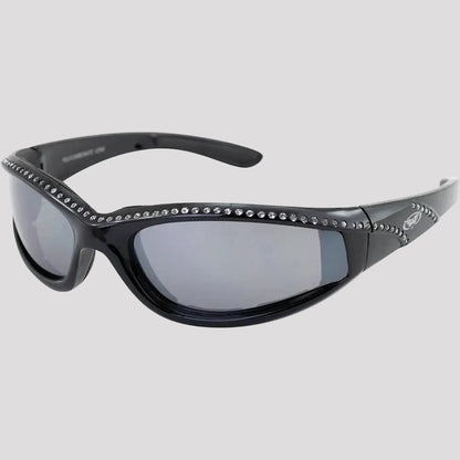 Lunettes de soleil de moto Global Vision Marilyn pour femmes avec strass. Lunettes de conduite Bling rembourrées en mousse avec verres miroirs incassables