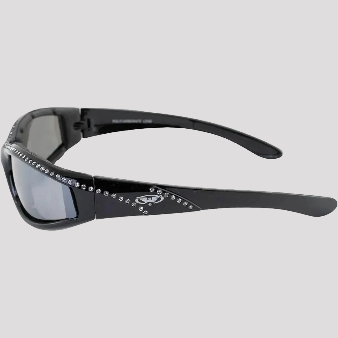 Lunettes de soleil de moto Global Vision Marilyn pour femmes avec strass. Lunettes de conduite Bling rembourrées en mousse avec verres miroirs incassables