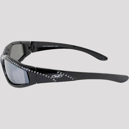 Lunettes de soleil de moto Global Vision Marilyn pour femmes avec strass. Lunettes de conduite Bling rembourrées en mousse avec verres miroirs incassables