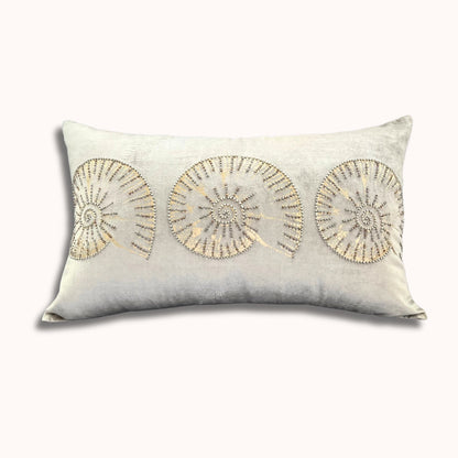 14x22" Velvet Lumbar Pillow – Golden Shell Embroidery, Silk Back, Designer Accent