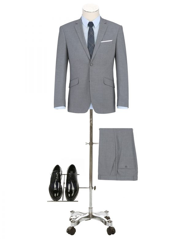 CRÉEZ VOTRE FORFAIT : Costume ajusté gris extensible (le forfait comprend un costume 2 pièces, une chemise, une cravate ou un nœud papillon, une pochette assortie et des chaussures)