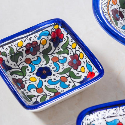 Plats d'accompagnement carrés – Céramique palestinienne peinte à la main | Multicolore et bleu marine