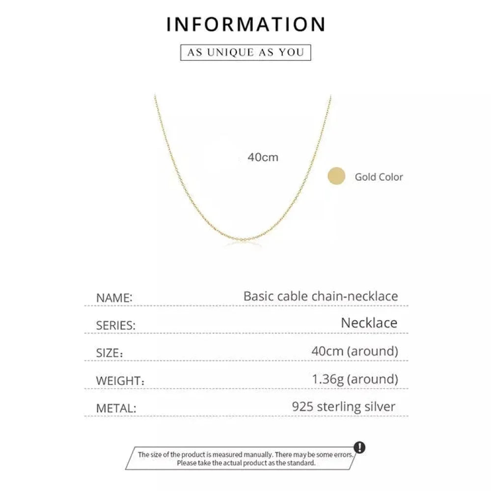 Collier chaîne basique en argent sterling 925 couleur or véritable - Sca016