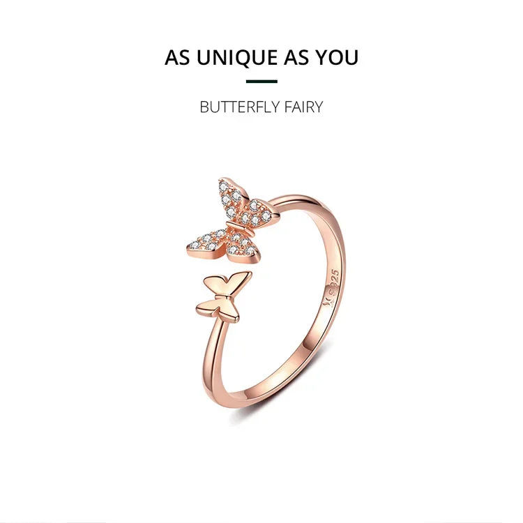 Bague ouverte papillon en argent sterling 925 avec zircons cubiques