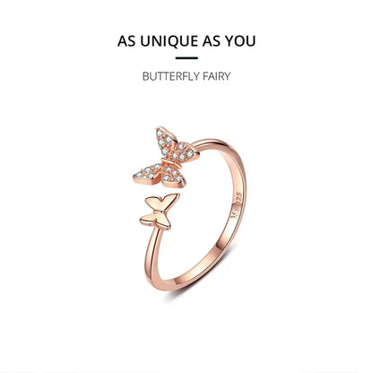 Bague ouverte papillon en argent sterling 925 avec zircons cubiques