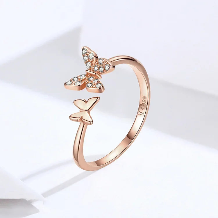 Bague ouverte papillon en argent sterling 925 avec zircons cubiques