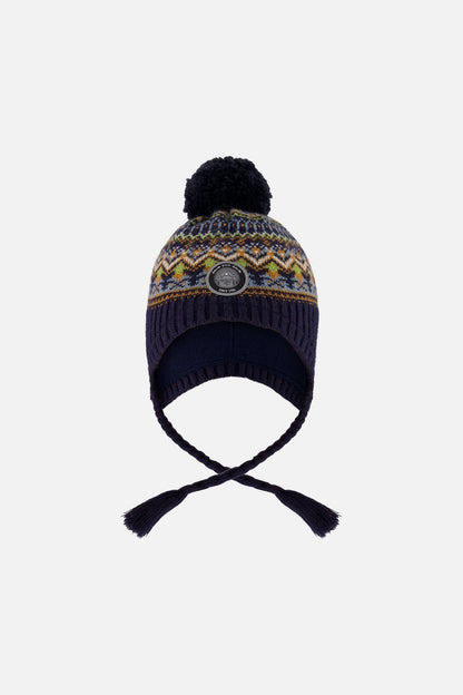 Bonnet péruvien doublé en tricot avec pompon taupe et marine