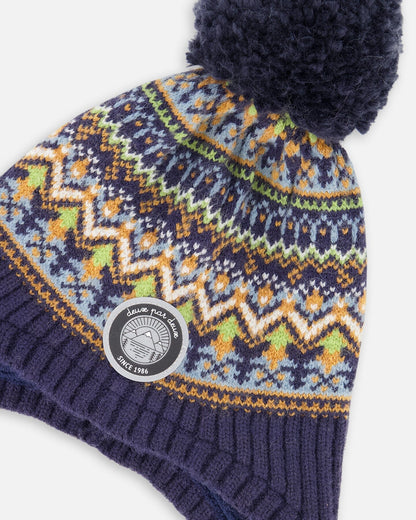 Bonnet péruvien doublé en tricot avec pompon taupe et marine