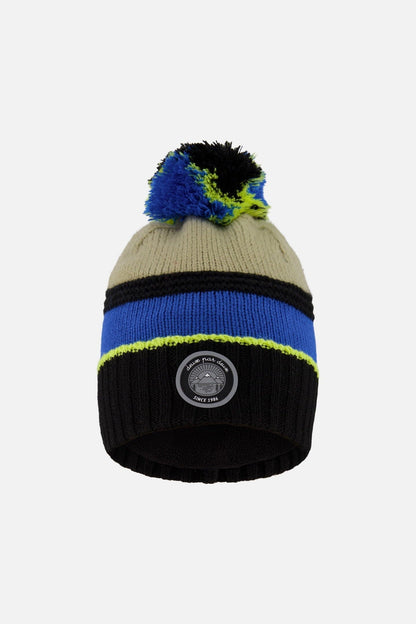 Lined Knit Pompom Hat Black, Taupe And Lime Green