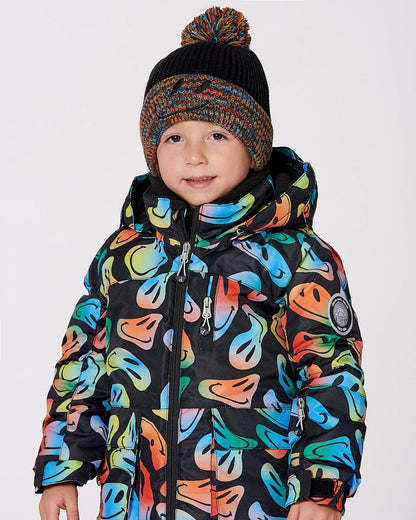 Bonnet d'hiver en maille doublé avec pompon noir et multicolore