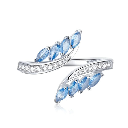 Bague ajustable en argent sterling 925 avec zirconium bleu, modèle Saule