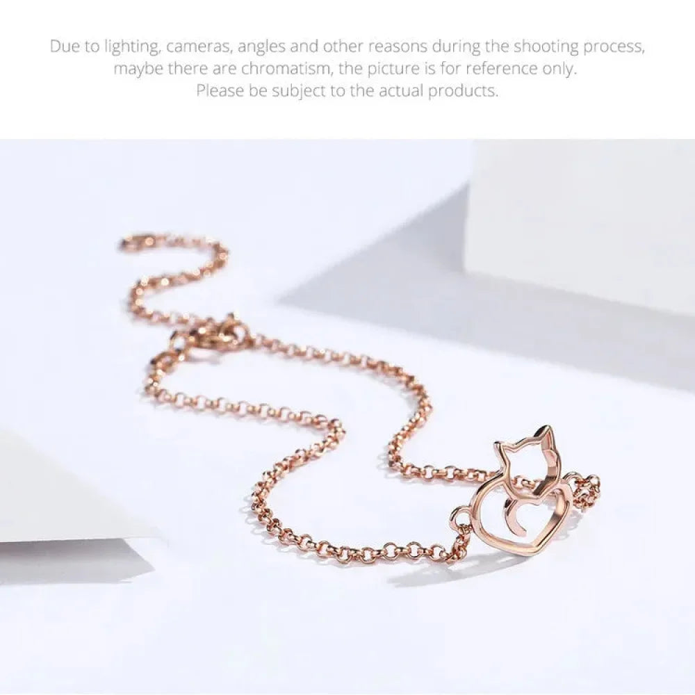 Bracelet Chaîne Cœur Chat en Argent Sterling 925