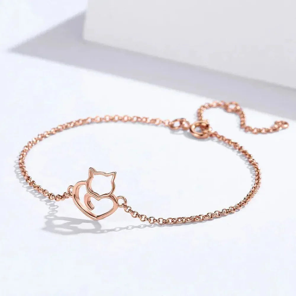 Bracelet Chaîne Cœur Chat en Argent Sterling 925