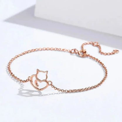 Bracelet Chaîne Cœur Chat en Argent Sterling 925