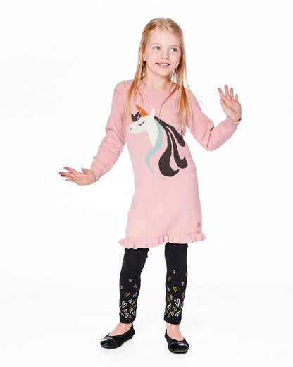 Robe en maille rose poudré avec intarsia licorne