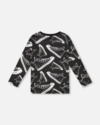 T-shirt à manches longues en coton biologique à imprimé intégral Noir