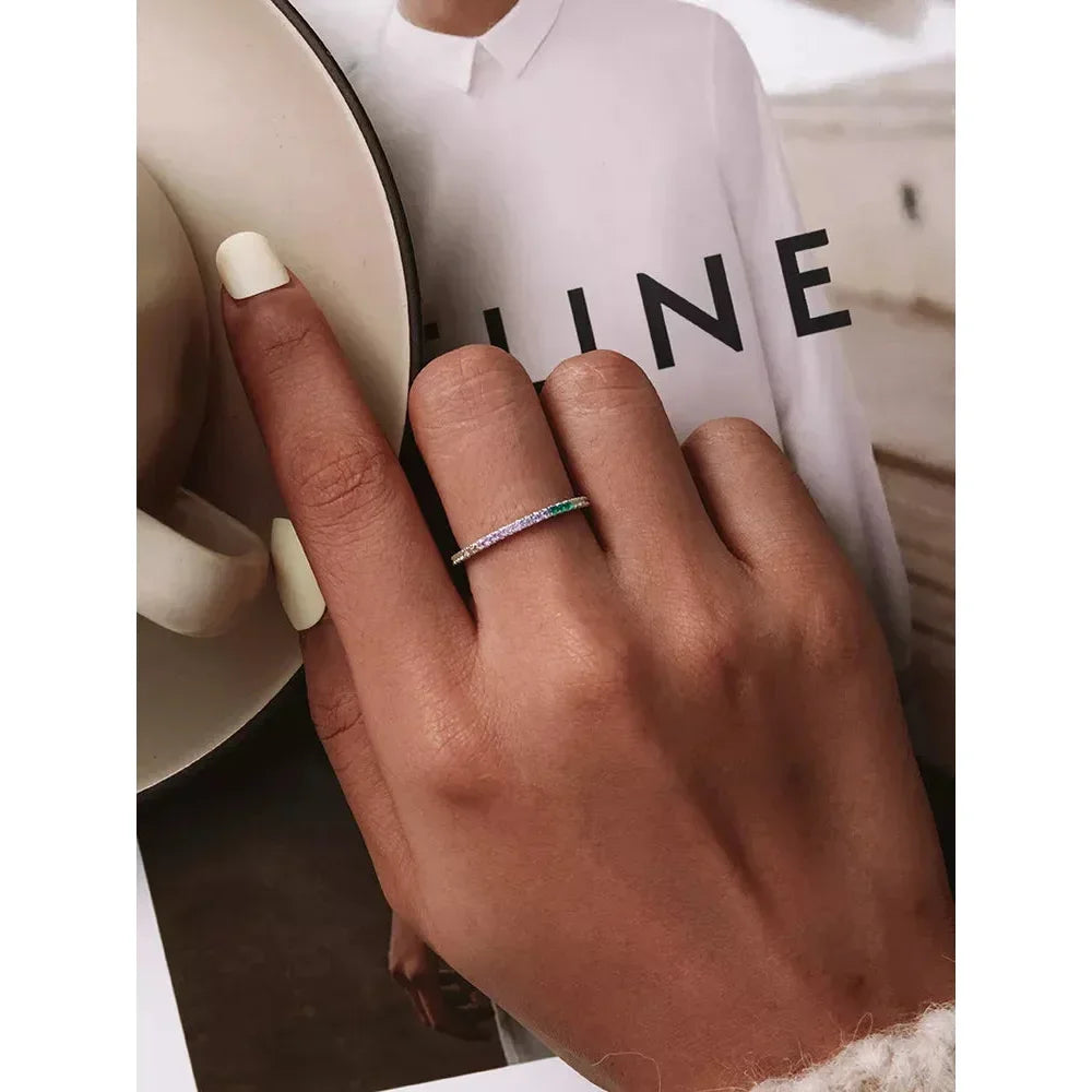 Bague Bande Arc-en-ciel en Argent Sterling 925 avec Zircones Cubiques