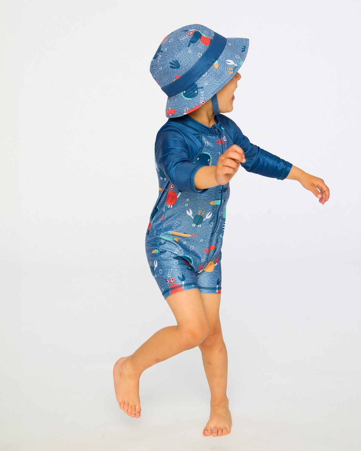 Chapeau de plage en polyester recyclé à imprimé animaux marins bleu