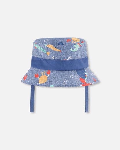 Chapeau de plage en polyester recyclé à imprimé animaux marins bleu