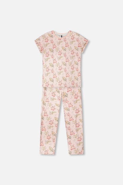 Ensemble de pyjama deux pièces en coton biologique pour femme - Imprimé ours rose pâle