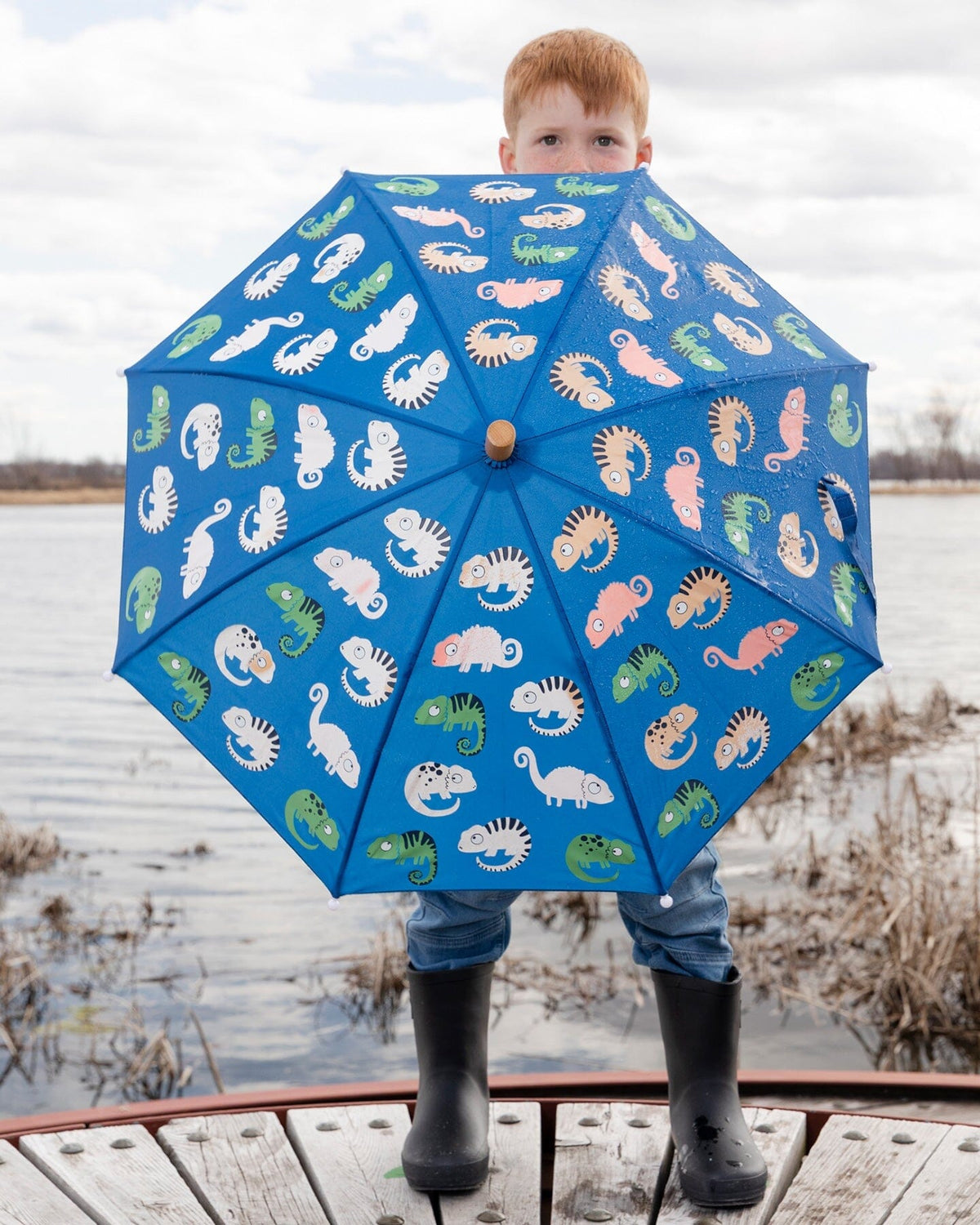 Parapluie changeant de couleur imprimé caméléon bleu