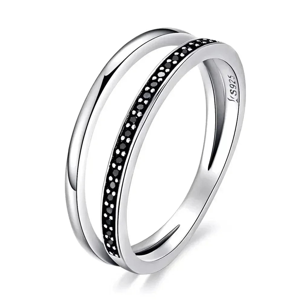 Bague en argent sterling 925 avec double cercle et oxydes de zirconium noirs et clairs