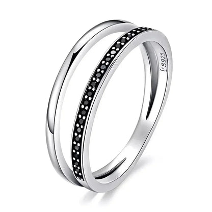 Bague en argent sterling 925 avec double cercle et oxydes de zirconium noirs et clairs