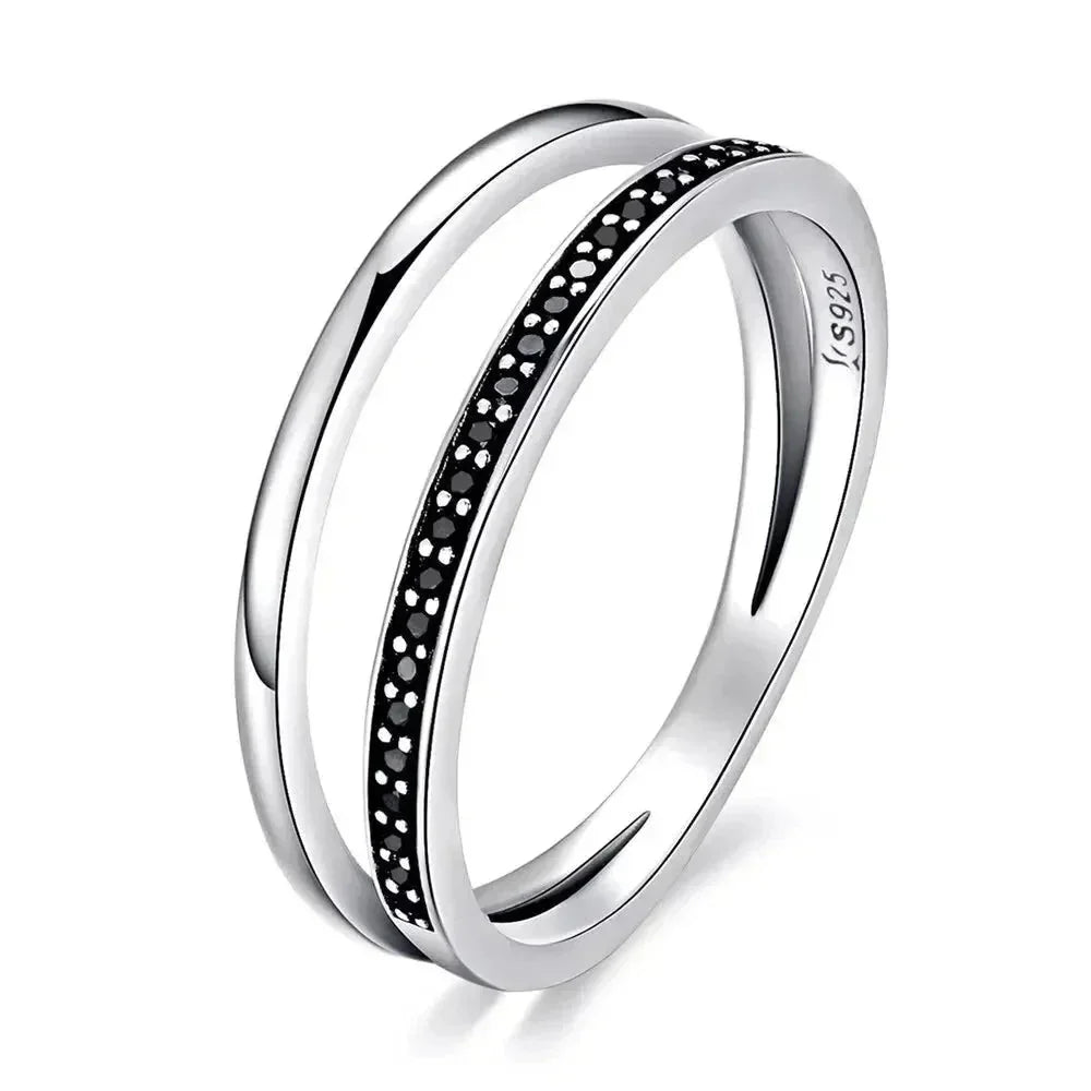 Bague en argent sterling 925 avec double cercle et oxydes de zirconium noirs et clairs