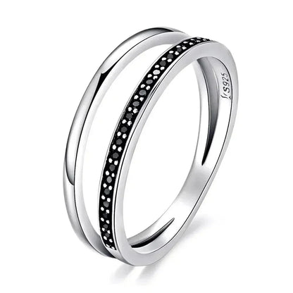 Bague en argent sterling 925 avec double cercle et oxydes de zirconium noirs et clairs