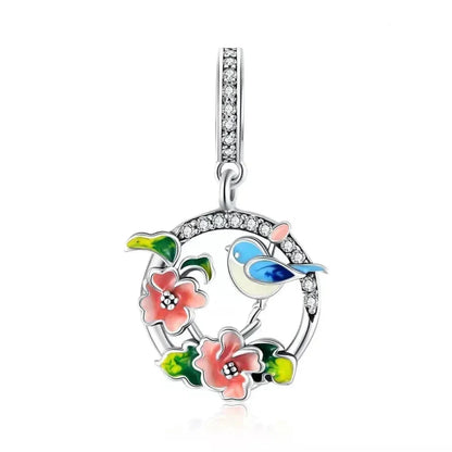Pendentif en argent sterling 925 avec oiseaux colorés, fleurs, feuilles en oxyde de zirconium - Breloque pour bracelets et colliers