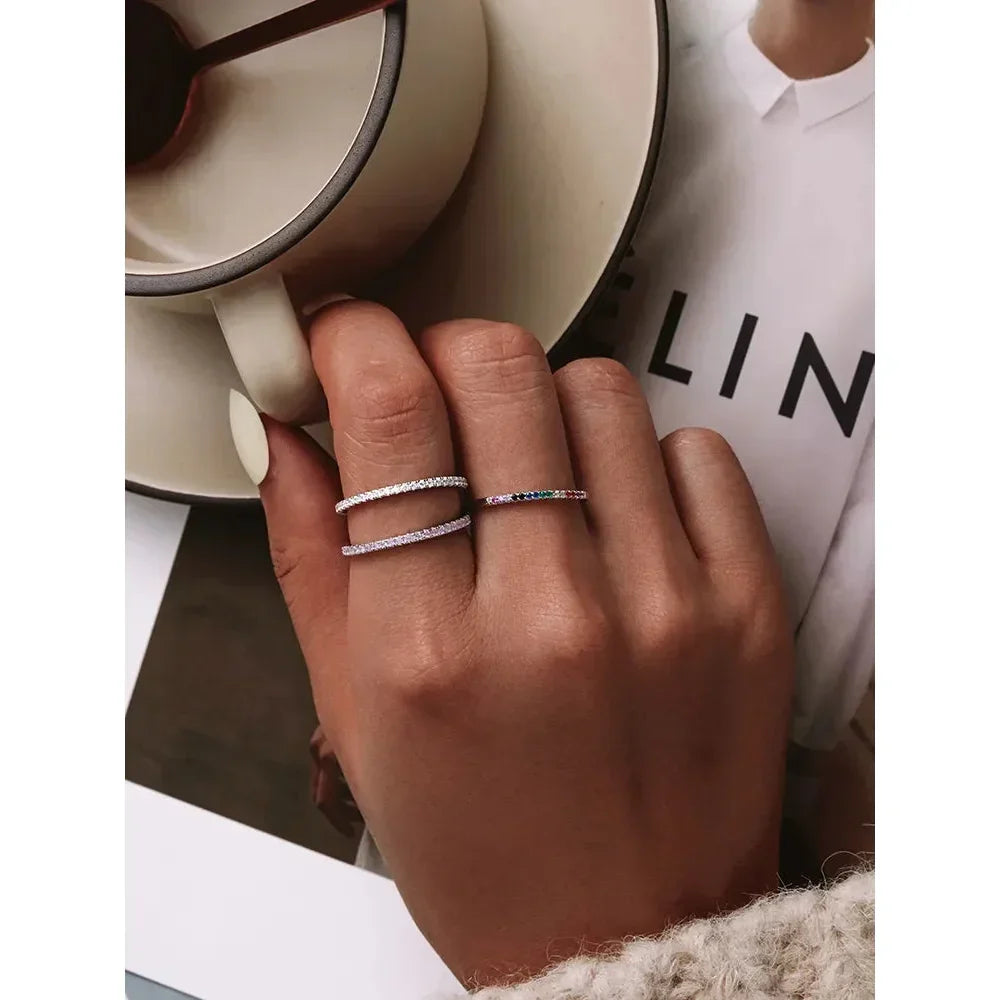 Bagues empilables en argent sterling 925 avec diamants simulés en oxyde de zirconium, plaquées platine pour femmes