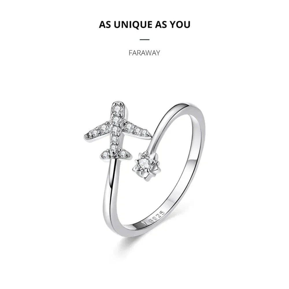 Bague ouverte en argent sterling 925 avec avion volant en zircone cubique