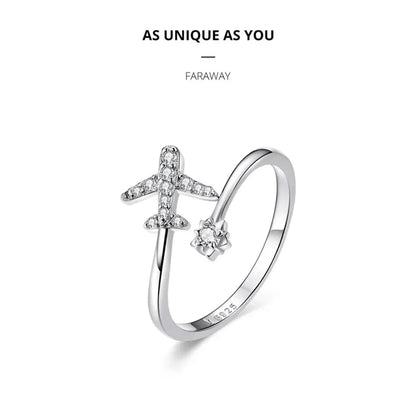 Bague ouverte en argent sterling 925 avec avion volant en zircone cubique