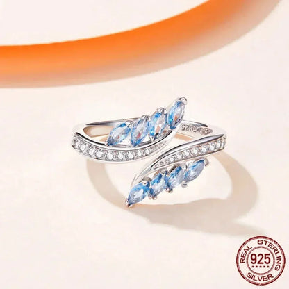 Bague ajustable en argent sterling 925 avec zirconium bleu, modèle Saule