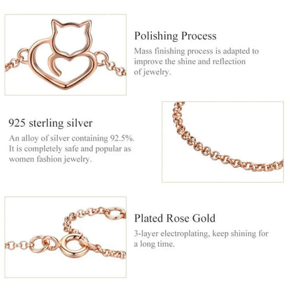 Bracelet Chaîne Cœur Chat en Argent Sterling 925