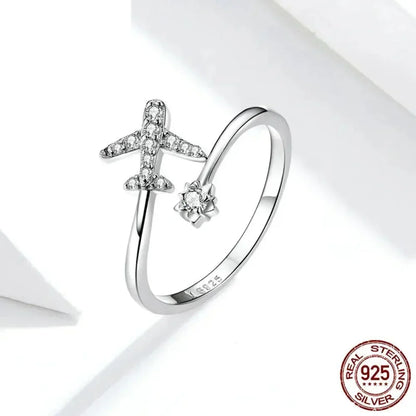 Bague ouverte en argent sterling 925 avec avion volant en zircone cubique