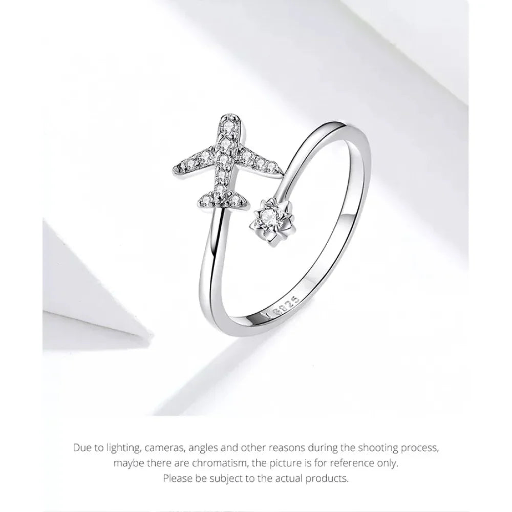 Bague ouverte en argent sterling 925 avec avion volant en zircone cubique
