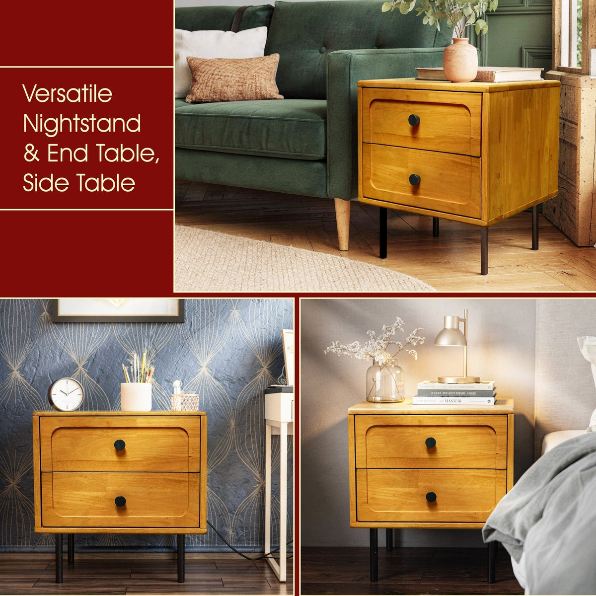 Savana Two Drawers Solid Wood Nightstand
